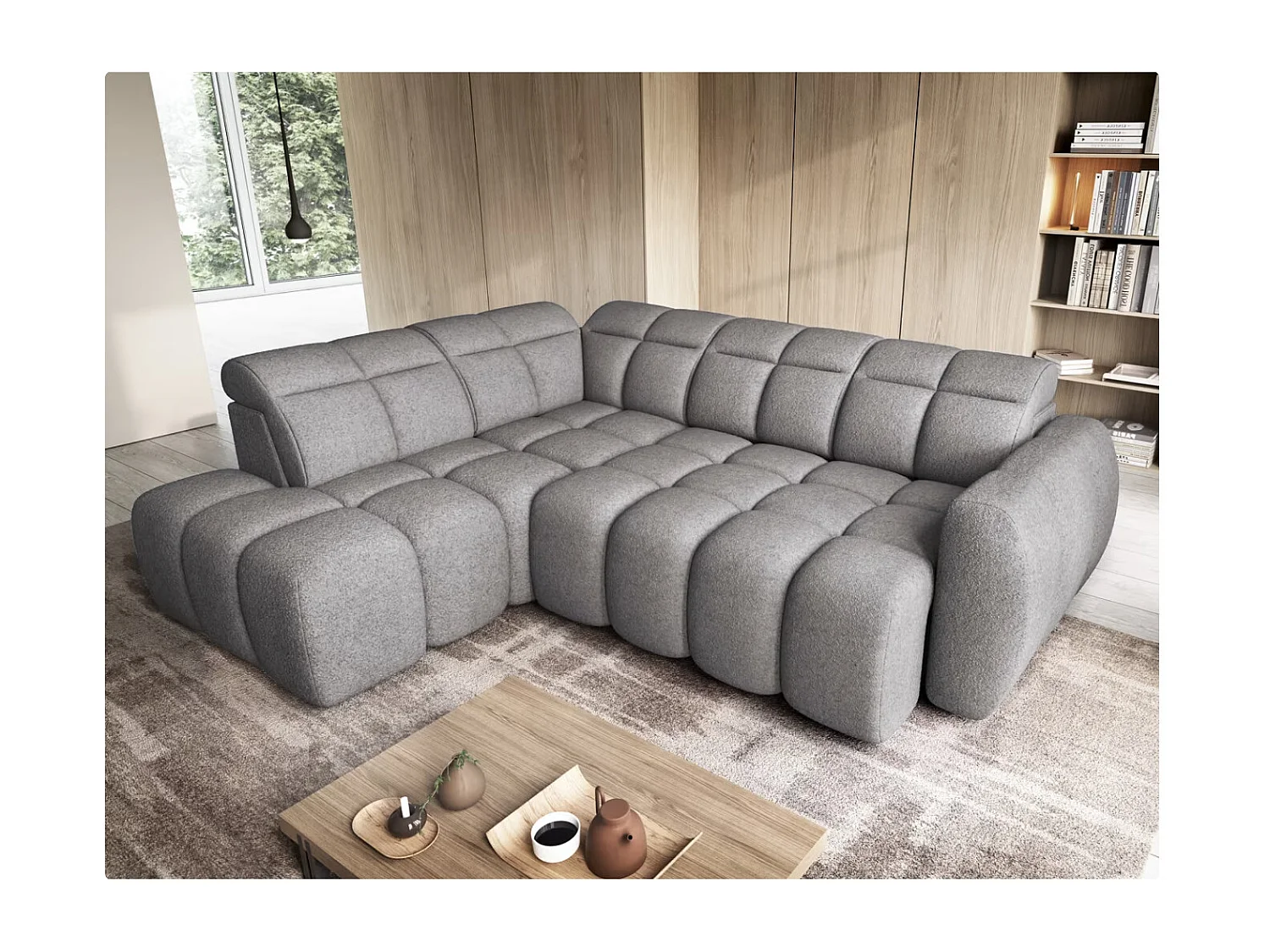 Canapé d’angle convertible 4 places tissu BOBOON 258cm – Coffre de rangement-Gris foncé-angle gauche