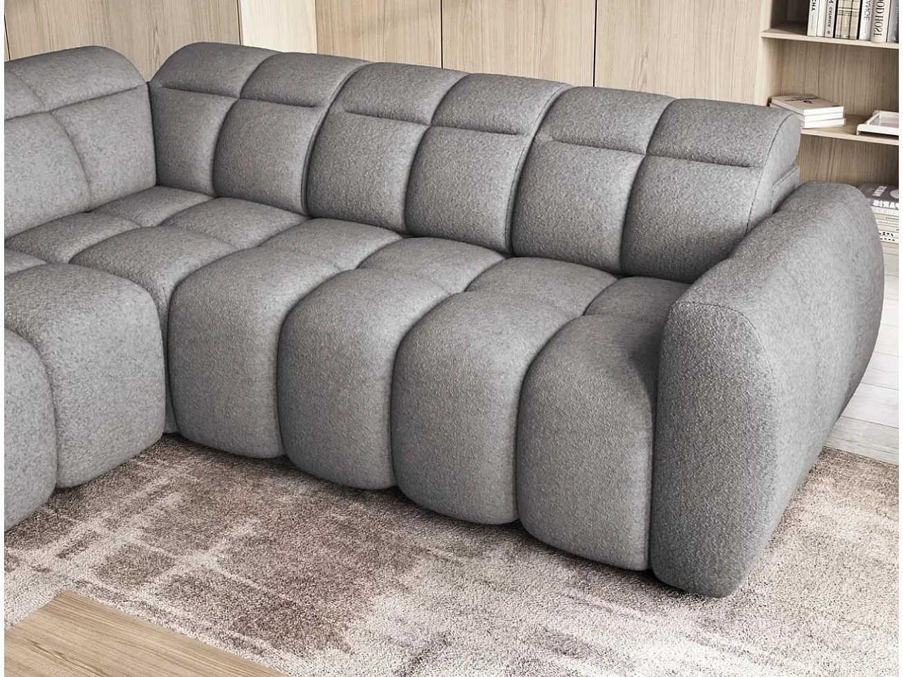 Canapé d’angle convertible 4 places tissu BOBOON 258cm – Coffre de rangement-Gris foncé-angle gauche