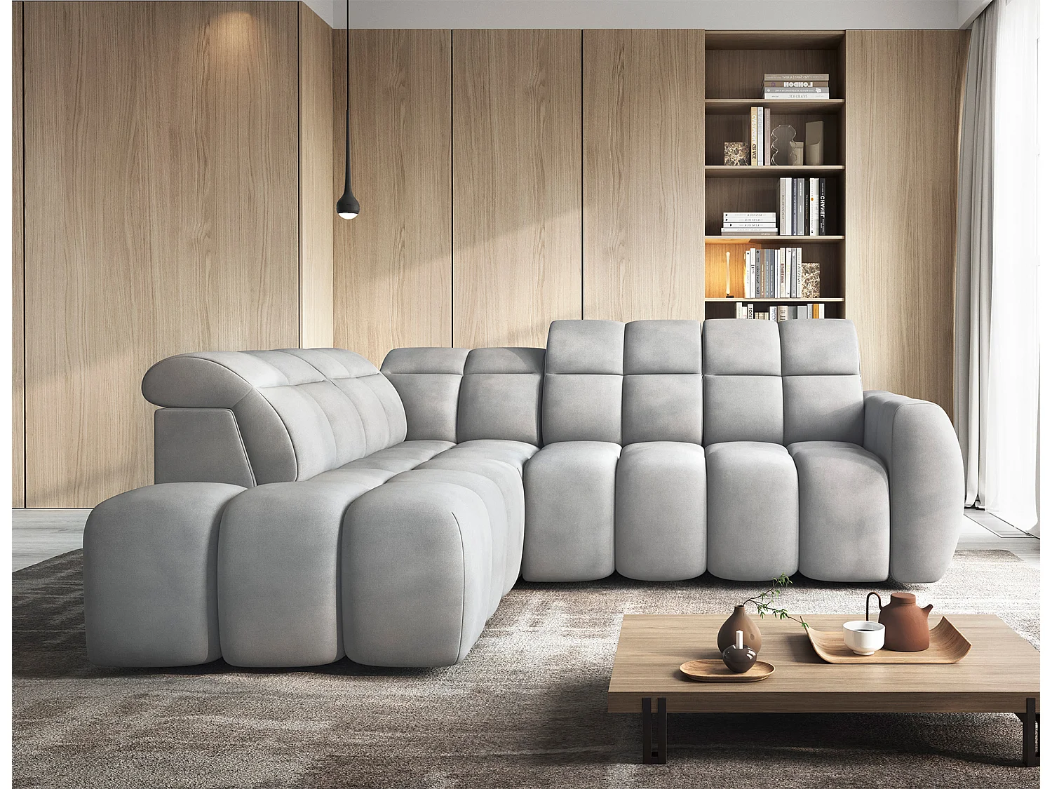 Canapé d’angle convertible 4 places BOBOON en tissu avec coffre de rangement – 258cm-Gris-angle gauche