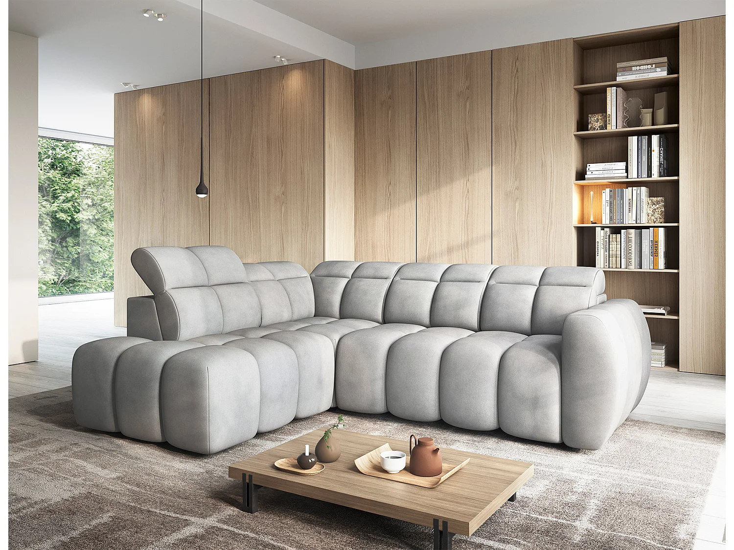 Canapé d’angle convertible 4 places BOBOON en tissu avec coffre de rangement – 258cm-Gris-angle gauche