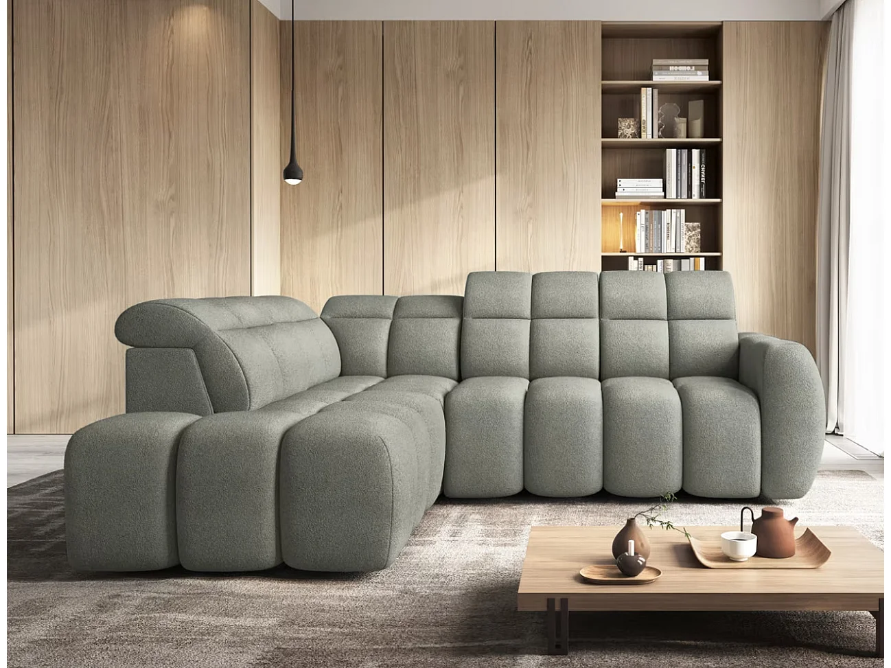 Canapé d’angle convertible 4 places tissu BOBOON 258cm – Coffre de rangement-Vert céladon-angle gauche