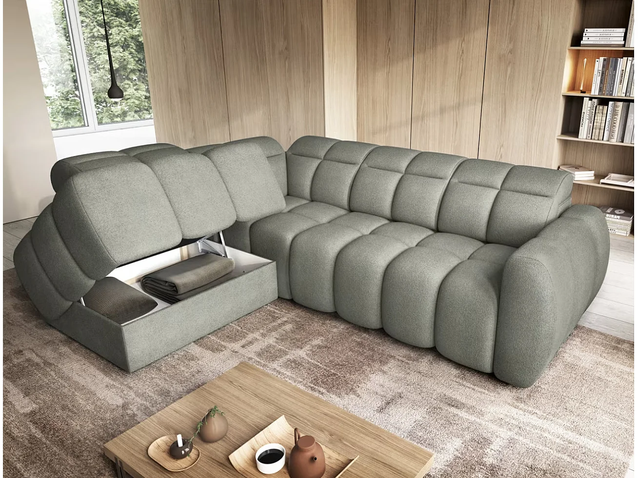 Canapé d’angle convertible 4 places tissu BOBOON 258cm – Coffre de rangement-Vert céladon-angle gauche