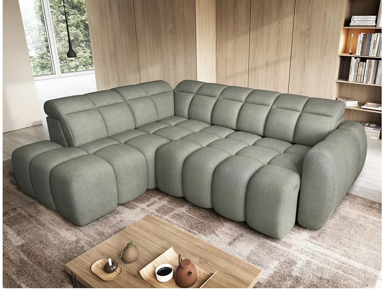 Canapé d’angle convertible 4 places tissu BOBOON 258cm – Coffre de rangement-Vert céladon-angle gauche