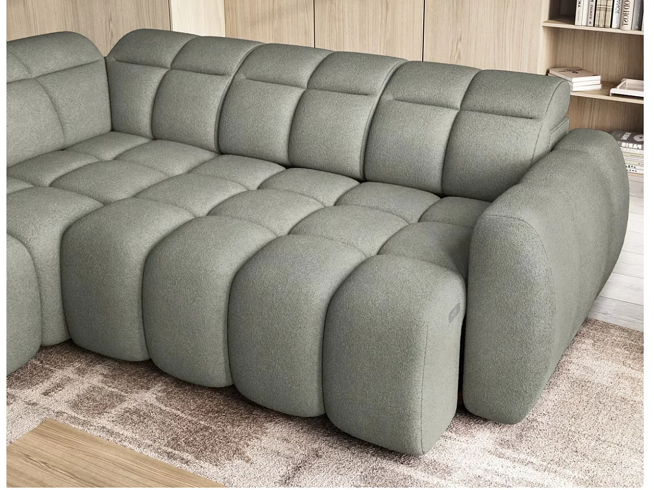 Canapé d’angle convertible 4 places tissu BOBOON 258cm – Coffre de rangement-Vert céladon-angle gauche