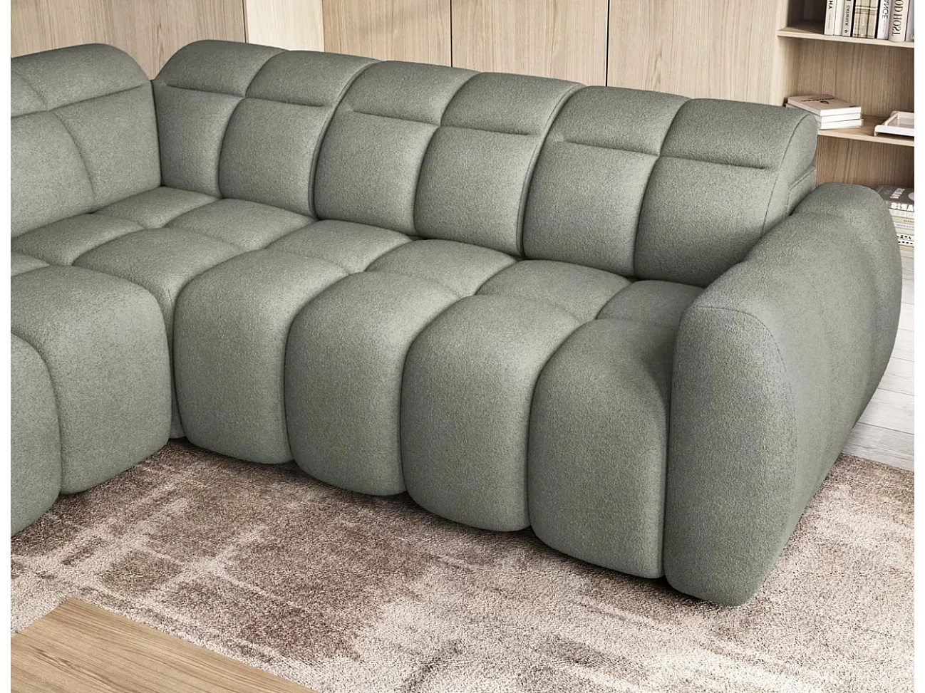 Canapé d’angle convertible 4 places tissu BOBOON 258cm – Coffre de rangement-Vert céladon-angle gauche