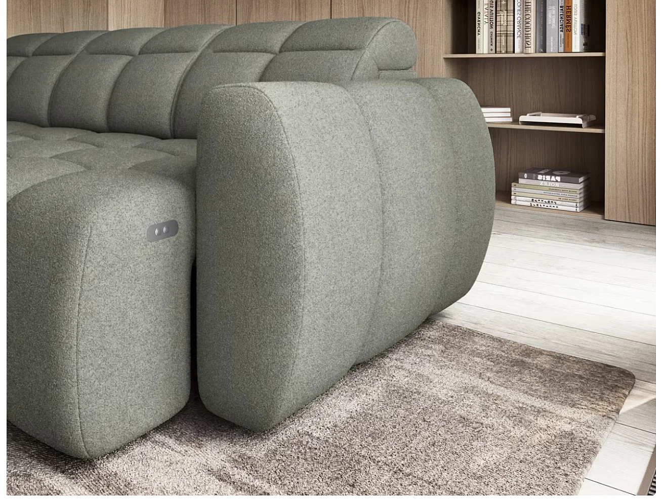 Canapé d’angle convertible 4 places tissu BOBOON 258cm – Coffre de rangement-Vert céladon-angle gauche