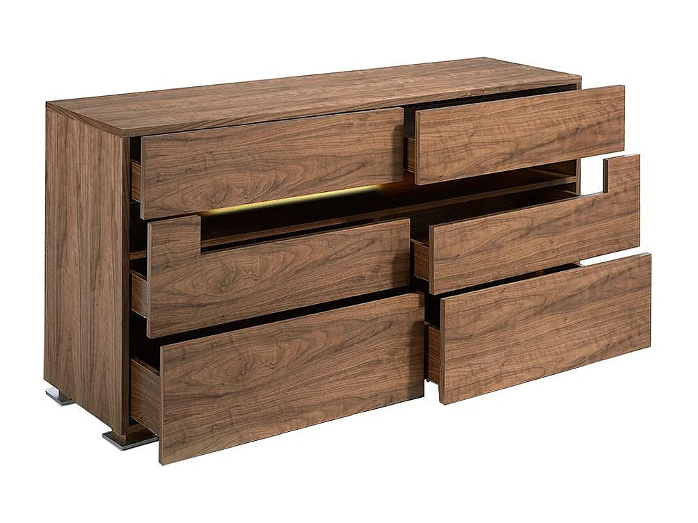 Notenhouten dressoir met LED-verlichting 6 lades Dina 140 cm