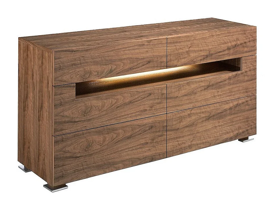 Notenhouten dressoir met LED-verlichting 6 lades Dina 140 cm