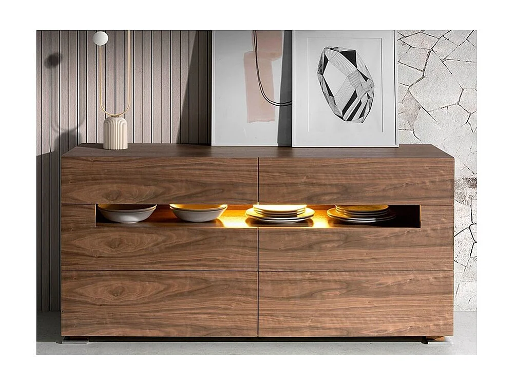 Notenhouten dressoir met LED-verlichting 6 lades Dina 140 cm