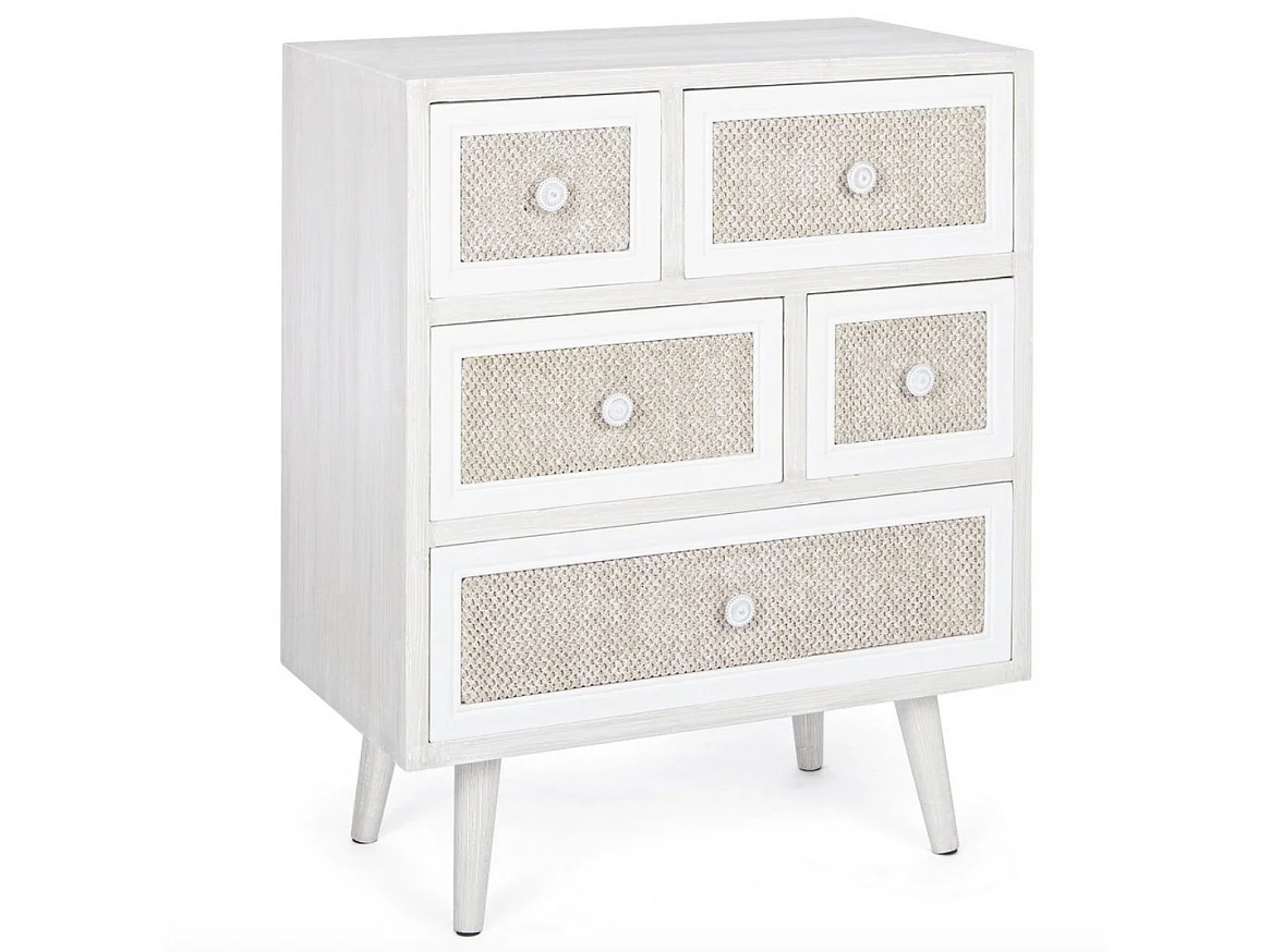 Commode 5 tiroirs MONTIEL – Bois & tissu lin