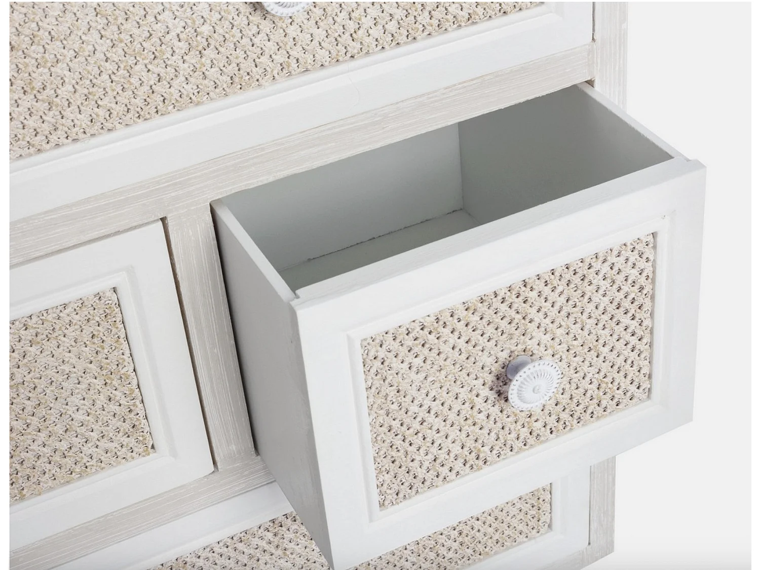 Commode 5 tiroirs MONTIEL – Bois & tissu lin