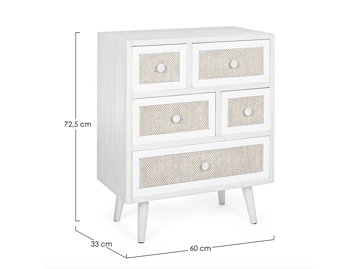 Commode 5 tiroirs MONTIEL – Bois & tissu lin