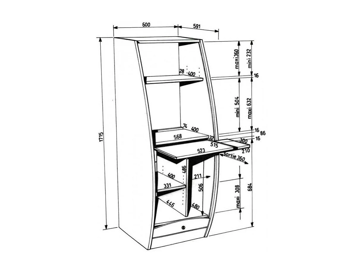 Armoire informatique à rideaux bois hêtre Patrick 60cm