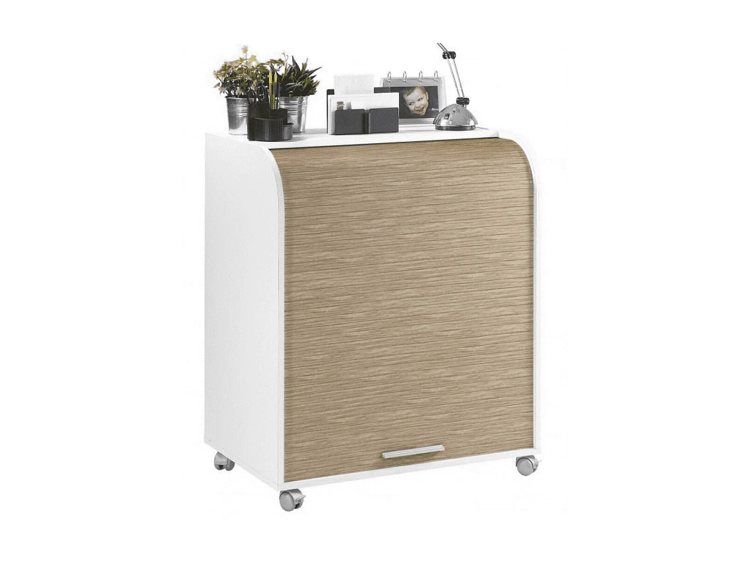 Bureau informatique blanc à rideau imprimé chêne naturel Must 80cm