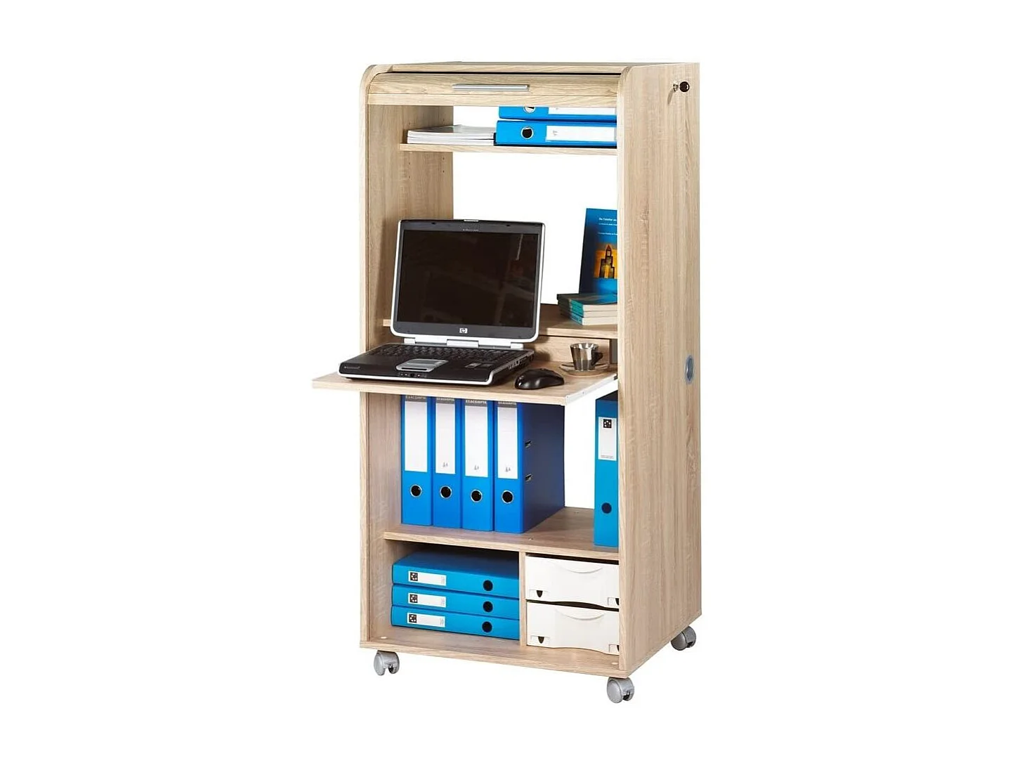 Meuble informatique à rideau chêne naturel Orga 140cm