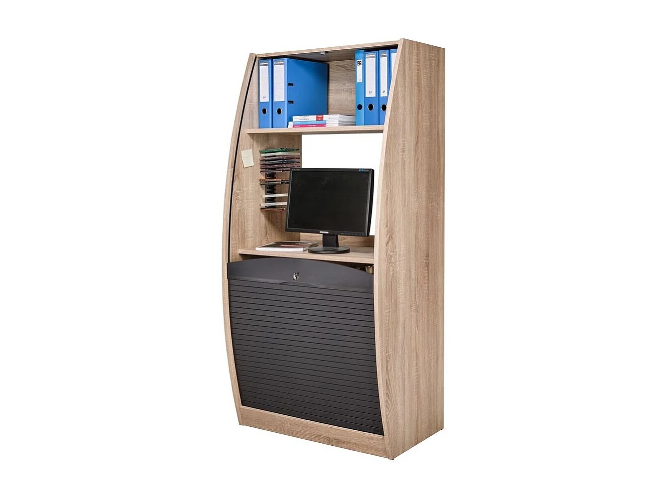 Armoire informatique à rideaux chêne et noir Patrick 80cm