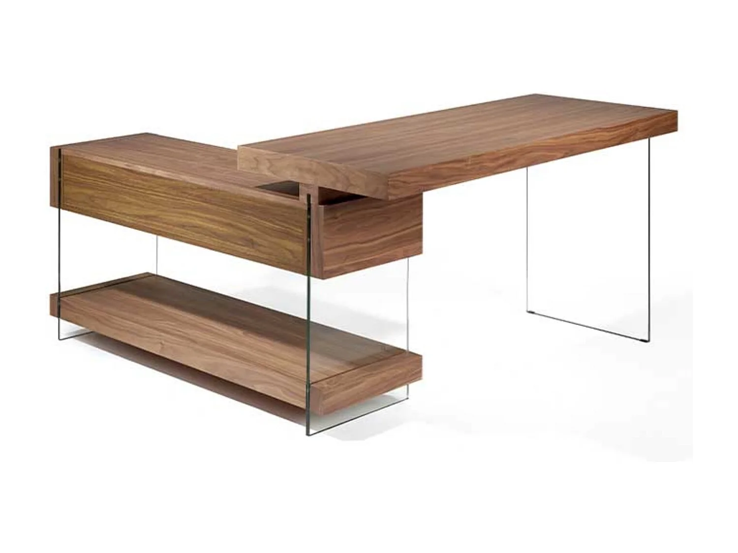 Design hoekbureau in walnoothout en gehard glas Kliver