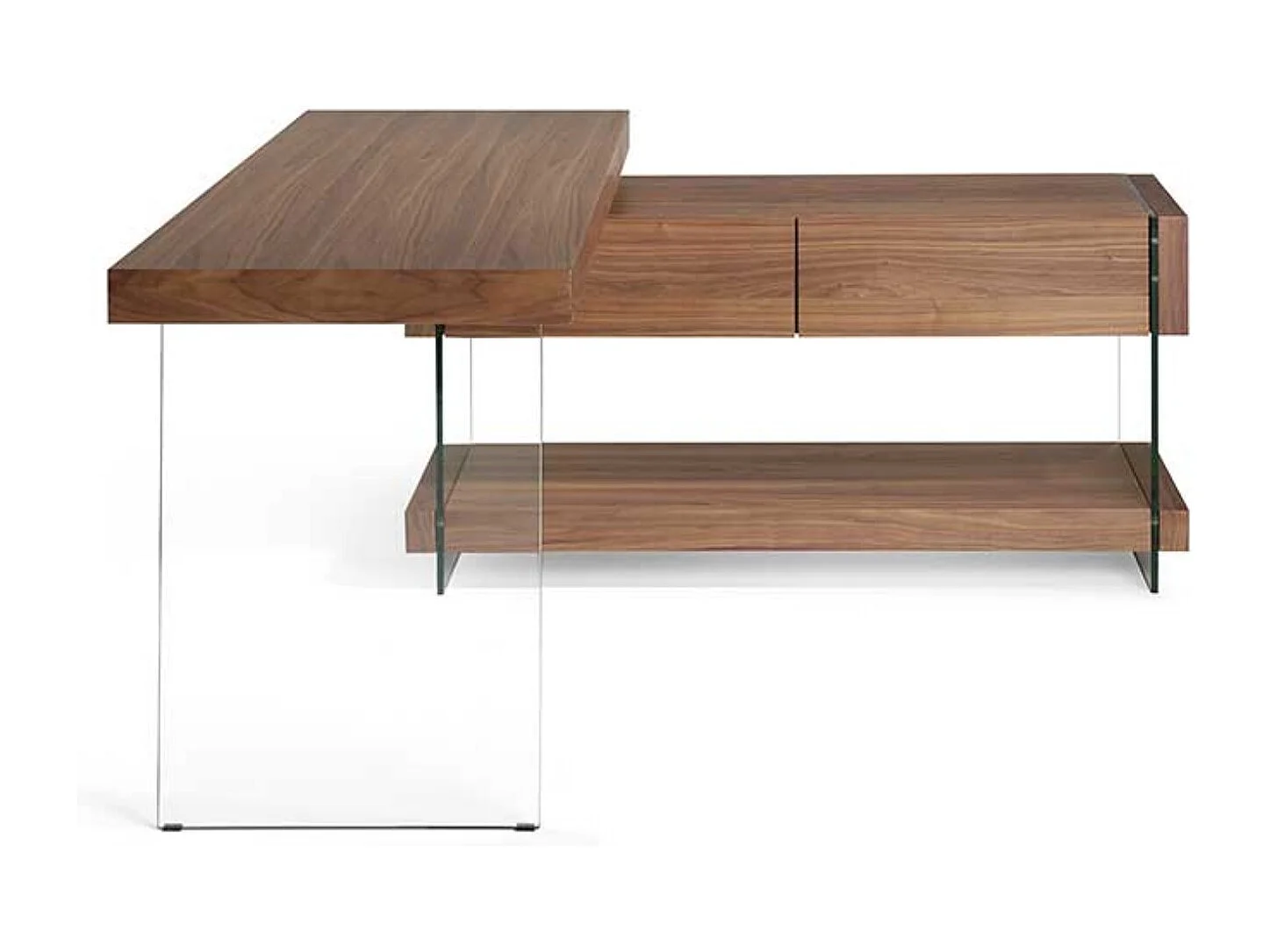 Design hoekbureau in walnoothout en gehard glas Kliver