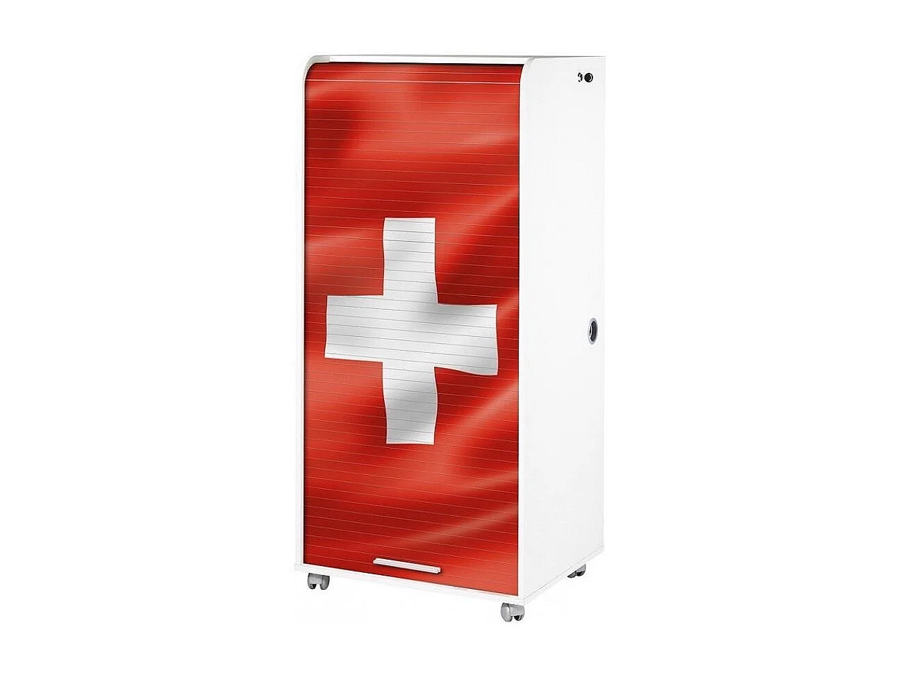Meuble informatique blanc à rideau drapeau Suisse Orga 140cm