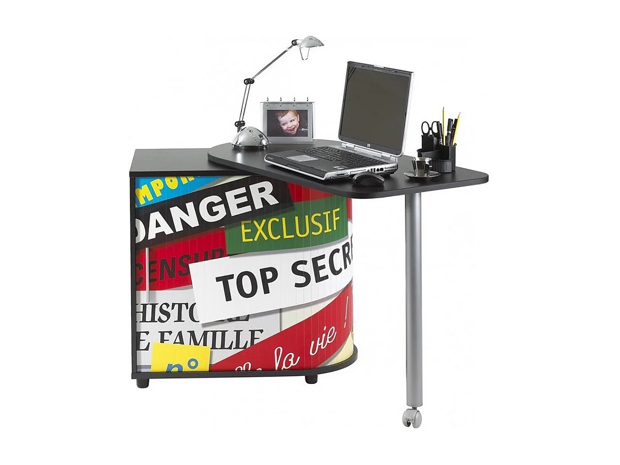 Bureau met draaibaar blad en zwarte opbergruimte met Top secret Kool print 105 cm