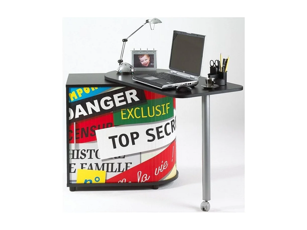 Bureau met draaibaar blad en zwarte opbergruimte met Top secret Kool print 105 cm