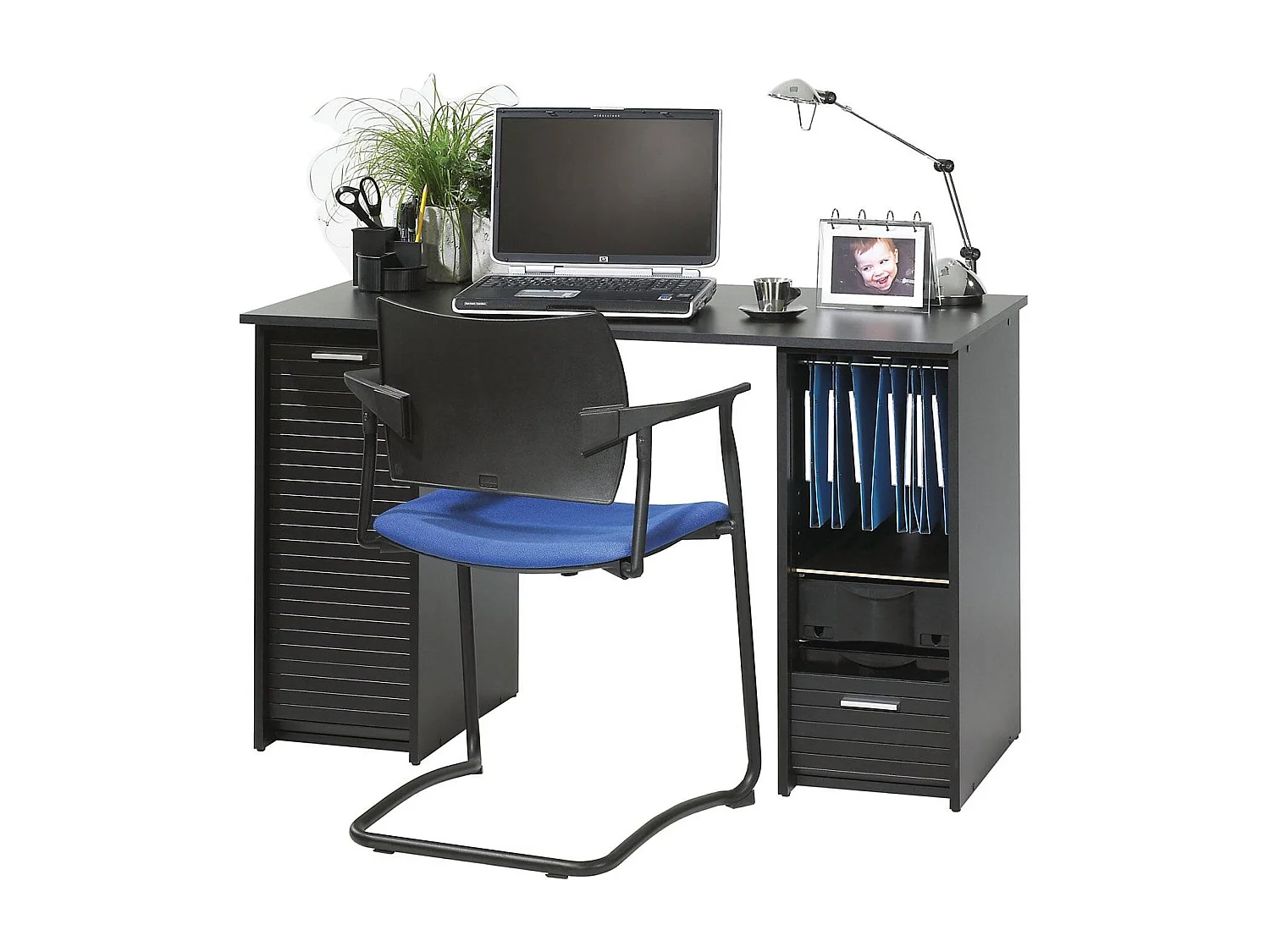 Recht bureau met 2 Scoot zwarte houten ladeblokken 120 cm