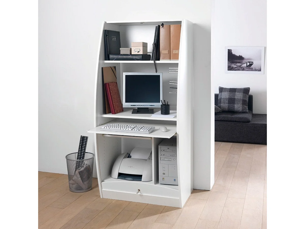 Armoire informatique à rideaux bois blanc Patrick 60cm