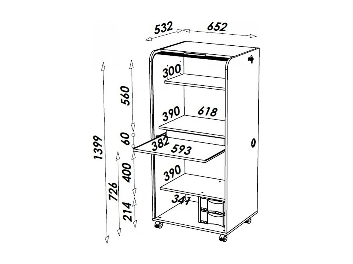 Meuble informatique à rideau blanc imprimé bambous Orga 140cm