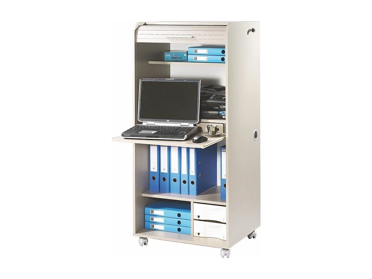 Meuble informatique à rideau taupe imprimé bambous Orga 140cm