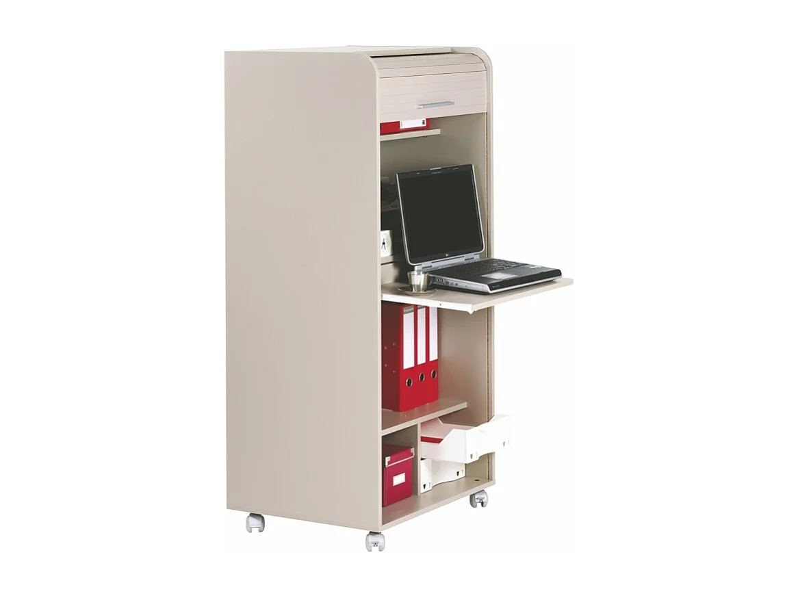 Meuble informatique à rideau taupe imprimé bambous Orga 140cm
