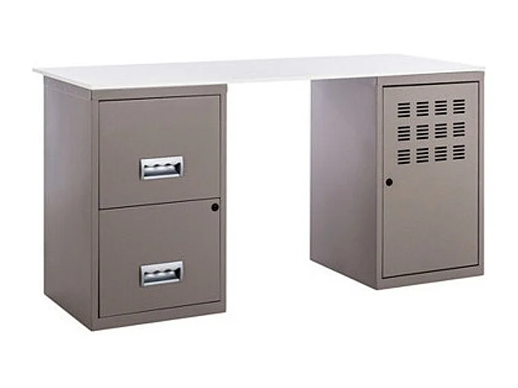 Bureau métal taupe 1 colonne de 2 tiroirs 1 casier à porte Logis