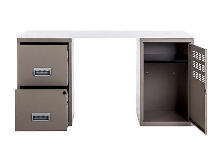 Bureau métal taupe 1 colonne de 2 tiroirs 1 casier à porte Logis