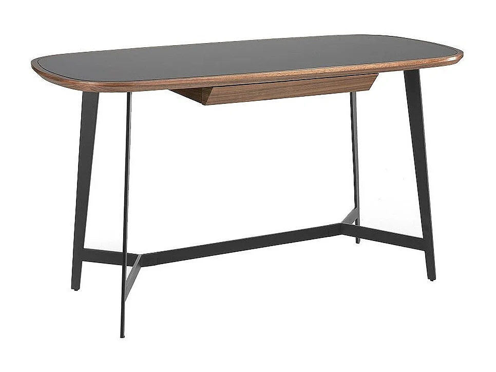 Bureau plateau en verre noir et pieds en acier Nany