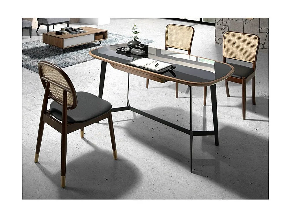 Bureau plateau en verre noir et pieds en acier Nany