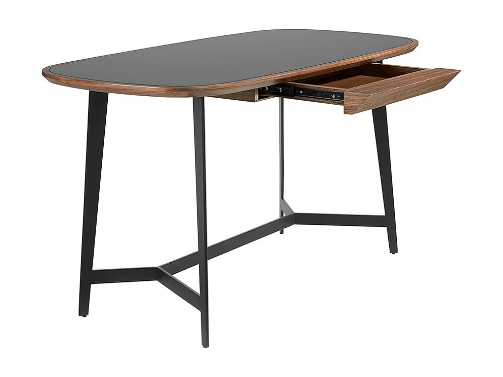 Bureau plateau en verre noir et pieds en acier Nany