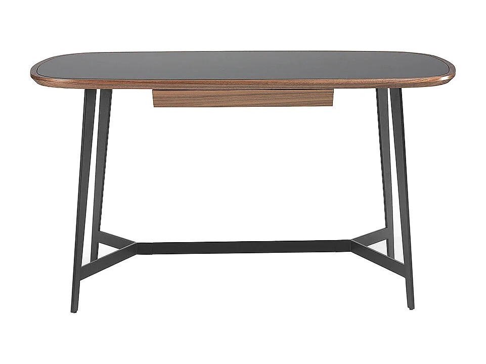 Bureau plateau en verre noir et pieds en acier Nany