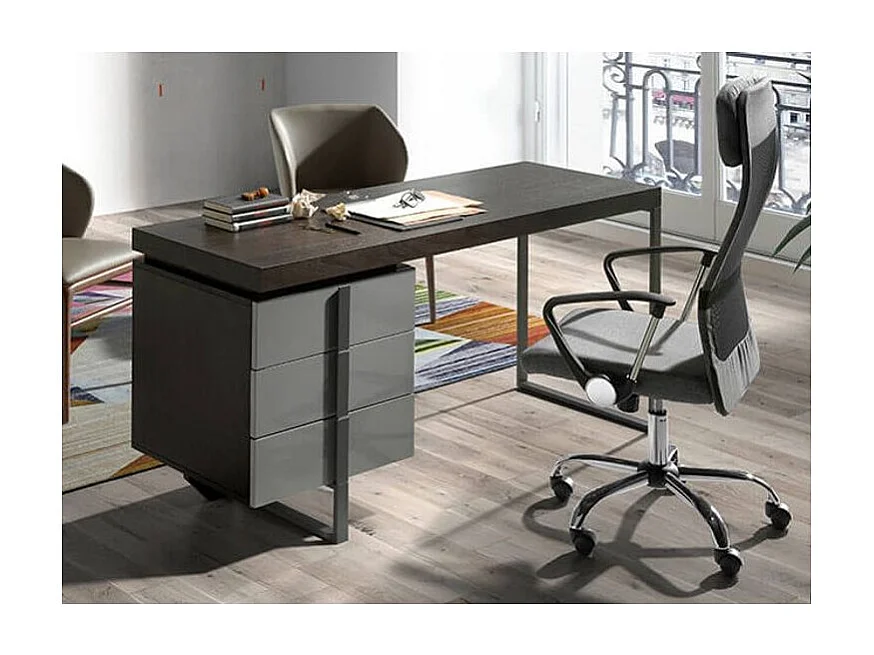 Bureau en bois plaqué de chêne et laqué gris 3 tiroirs Giani