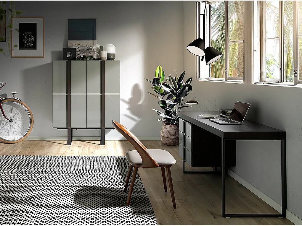 Bureau en bois plaqué de chêne et laqué gris 3 tiroirs Giani