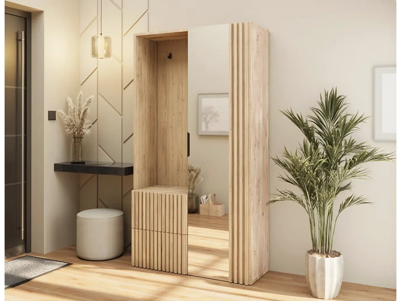 Armoire penderie d'entrée VEMIRO 100cm - Chêne artisan et miroir