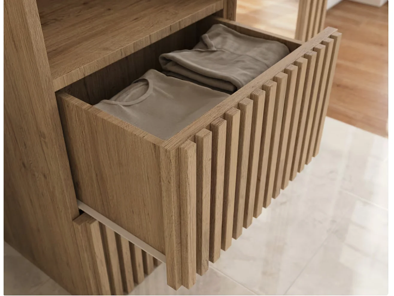 Armoire penderie d'entrée VEMIRO 100cm - Chêne artisan et miroir