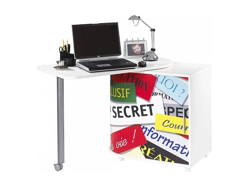 Bureau met draaibaar blad en witte opberger met top secret Kool print 105 cm