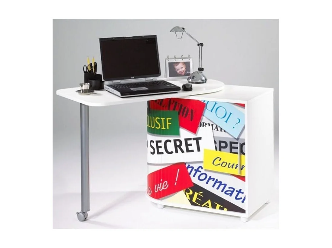 Bureau met draaibaar blad en witte opberger met top secret Kool print 105 cm