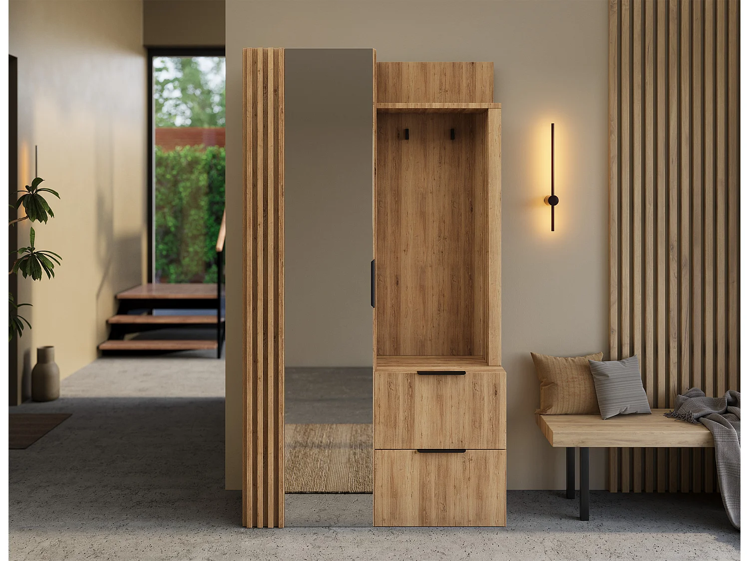 Armoire penderie d'entrée RIGANY 100cm - Chêne artisan et miroir