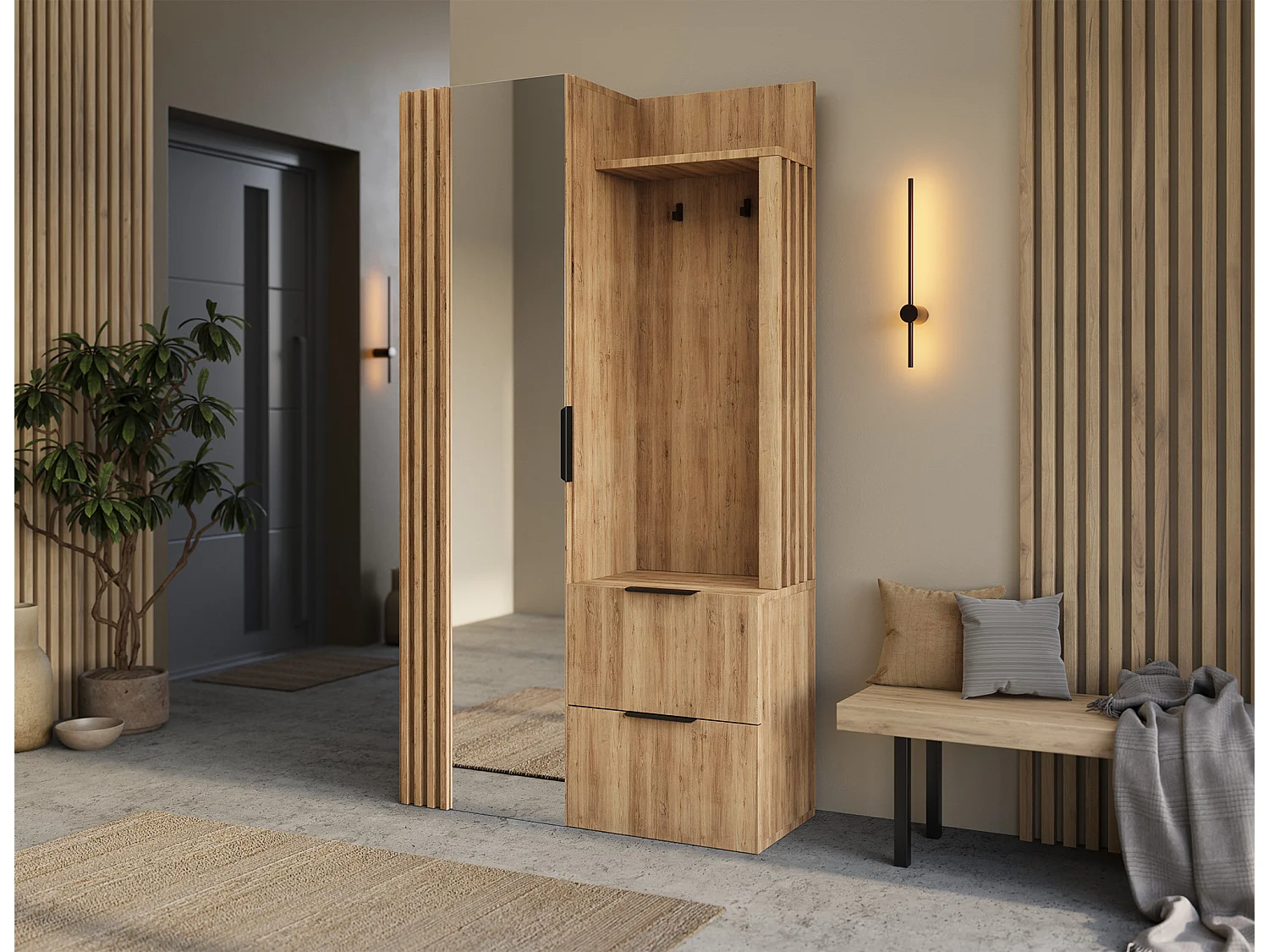 Armoire penderie d'entrée RIGANY 100cm - Chêne artisan et miroir