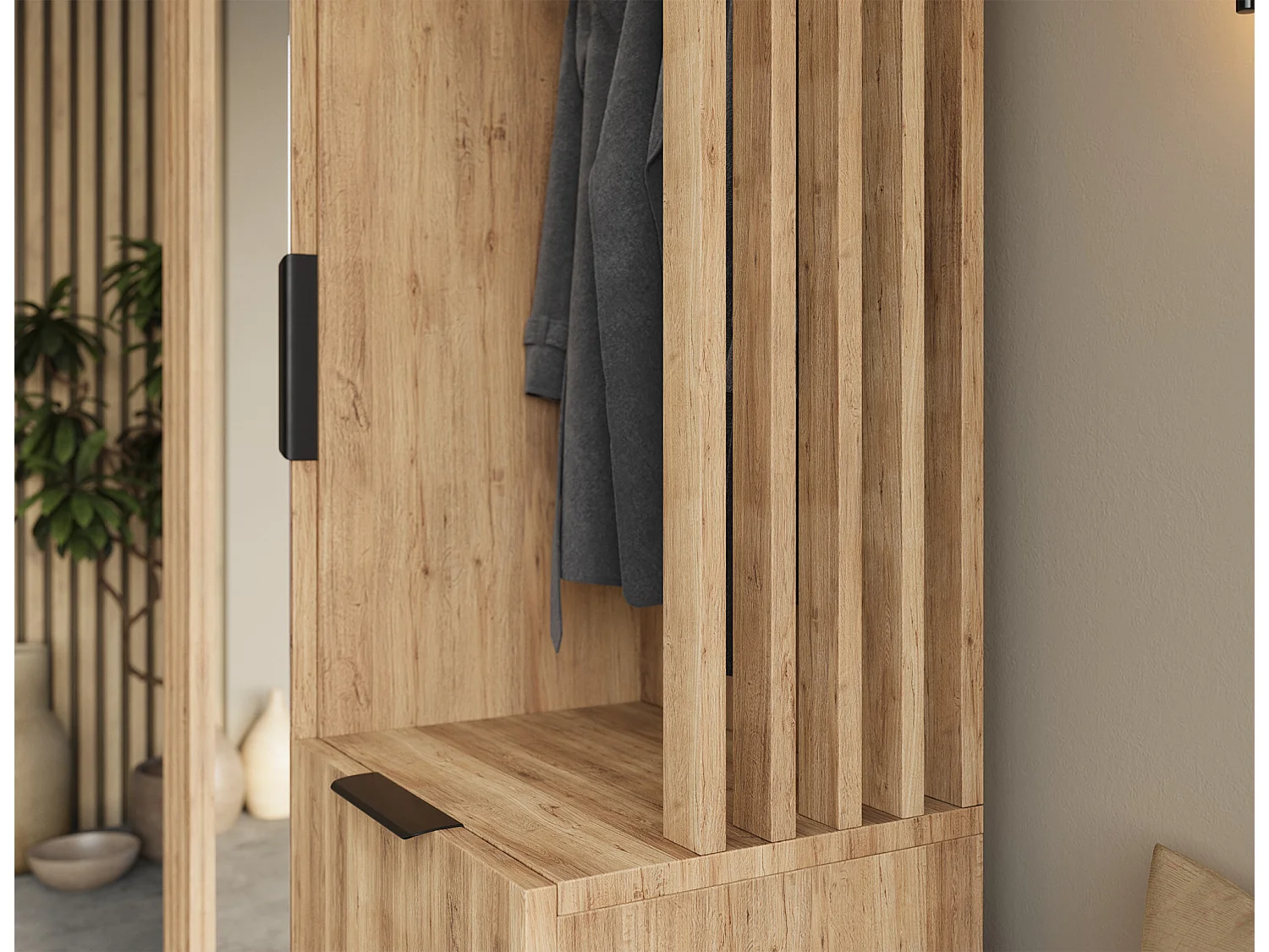 Armoire penderie d'entrée RIGANY 100cm - Chêne artisan et miroir