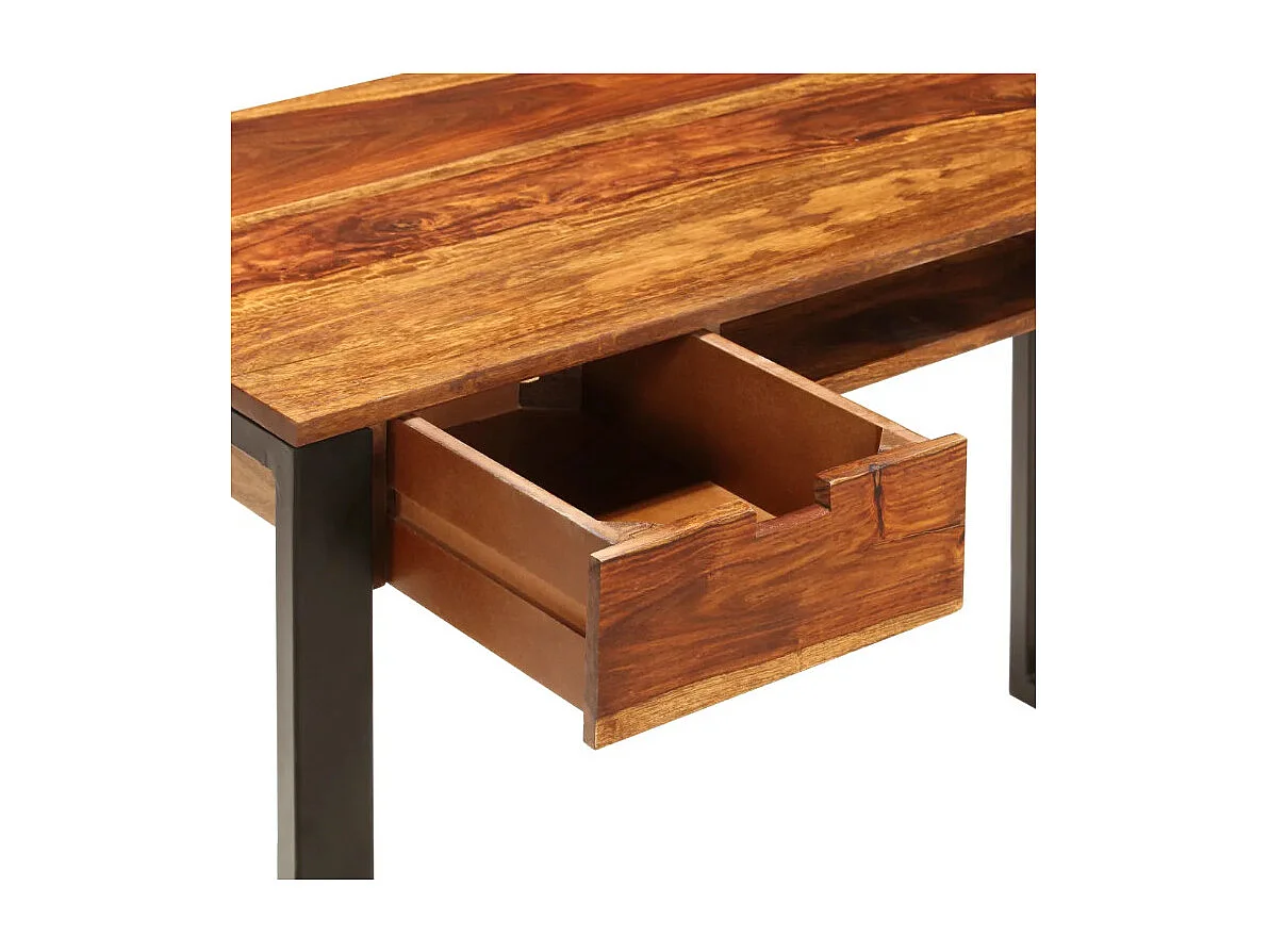 Bureau 2 tiroirs sesham massif foncé et métal noir Vustick 3