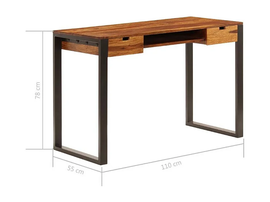 Bureau 2 tiroirs sesham massif foncé et métal noir Vustick 3