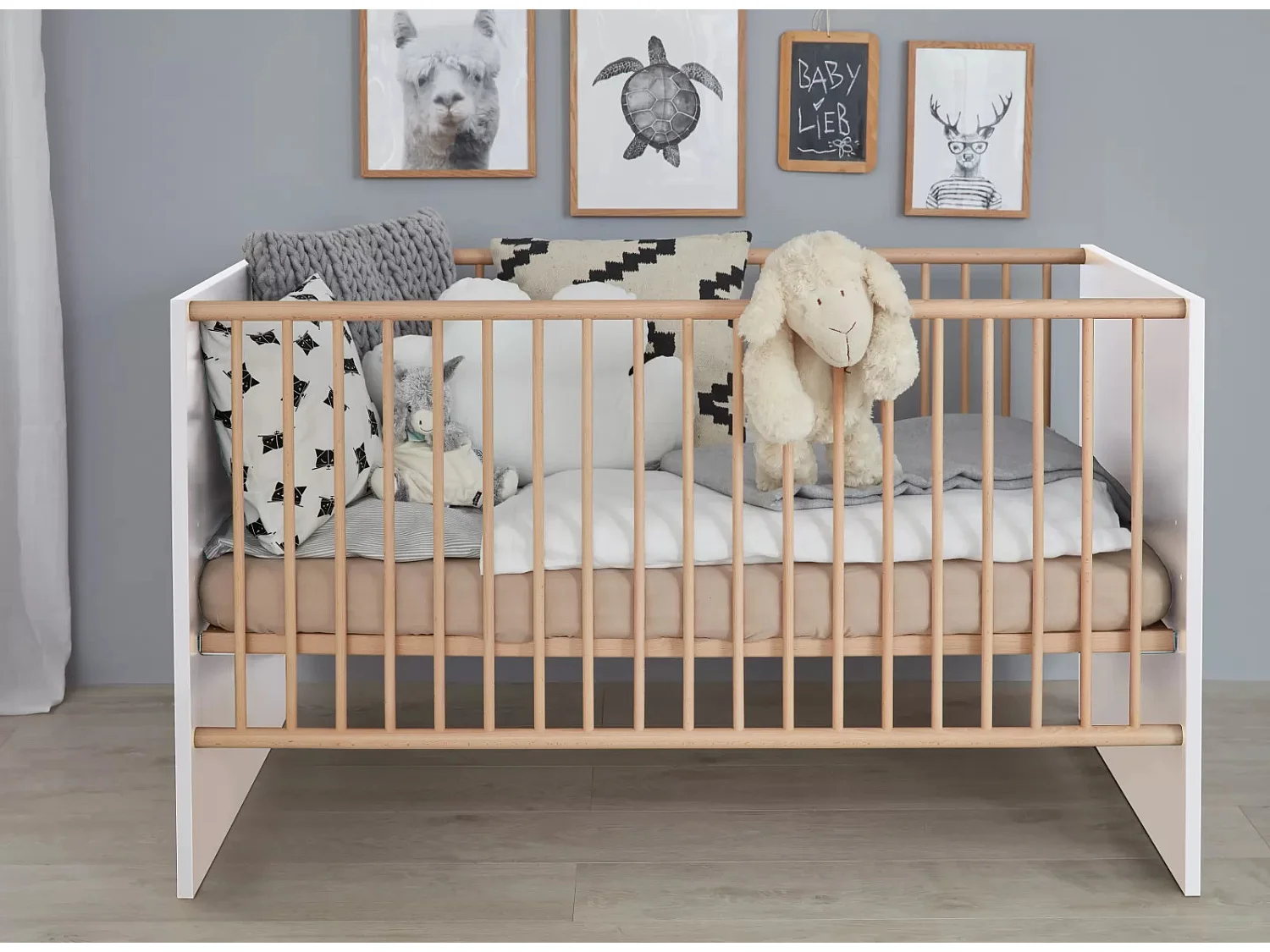 Cama con barras 70x140 cm melamina blanca y madera clara Mathys