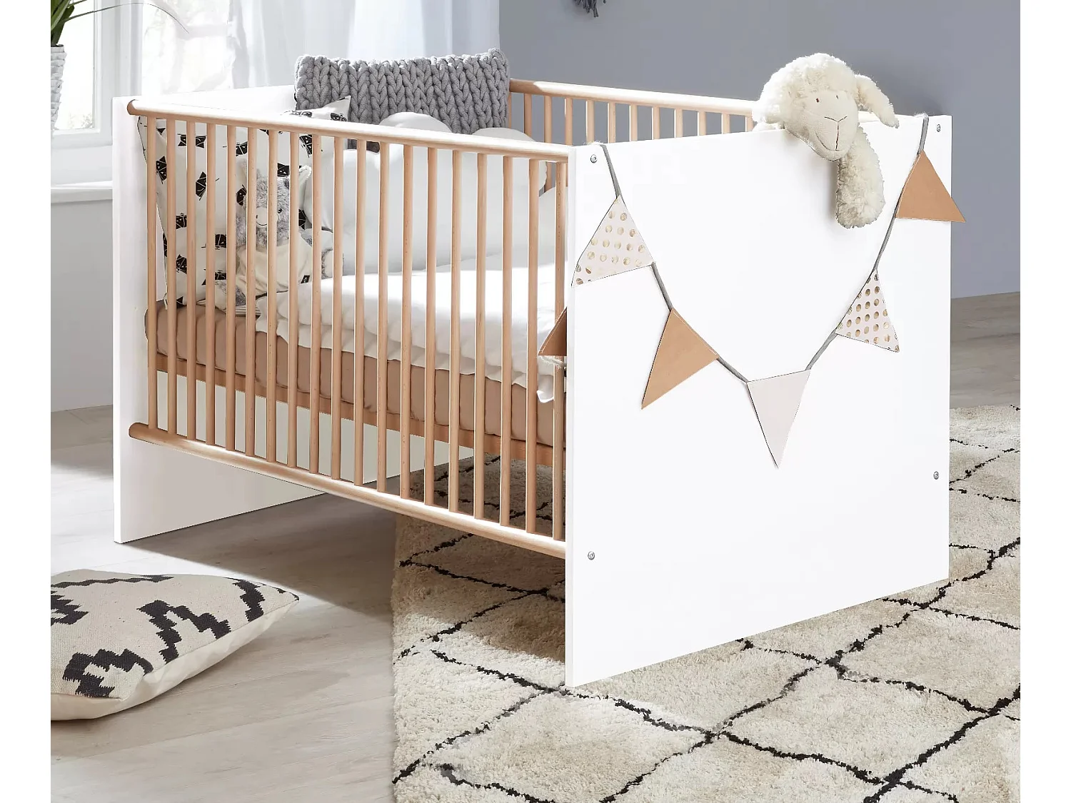 Cama con barras 70x140 cm melamina blanca y madera clara Mathys