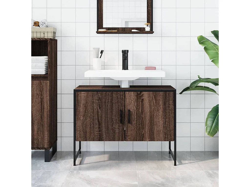 Armoire lavabo de salle de bain chêne marron bois d'ingénierie